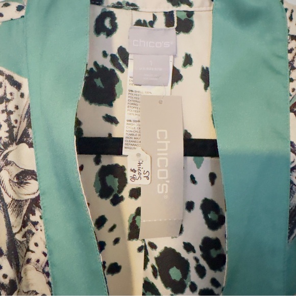 NWT Chico's Size 1 USA 8/10 Satin Silk Robe Dressing gown Duster Kimono Green Wh - Picture 3 of 16